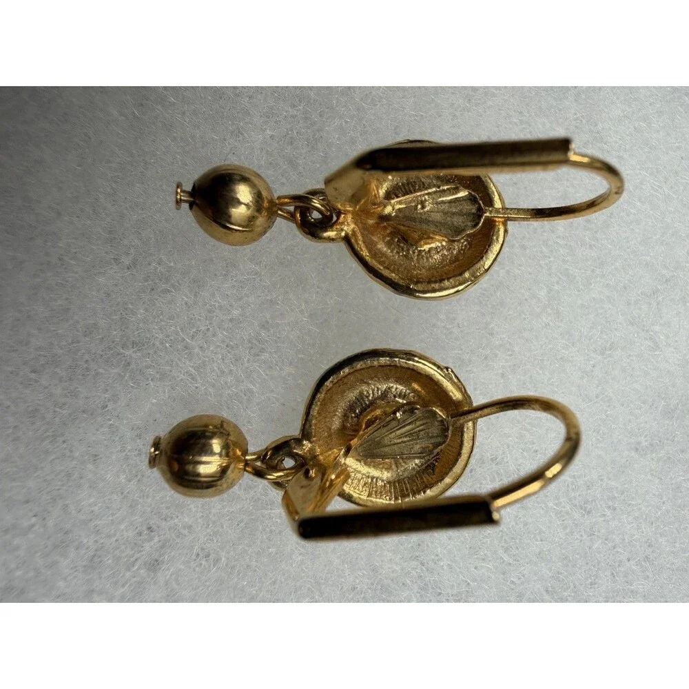 Vintage Black Cabochon Earrings Gold Tone Textured Round Dangle Pierced 1.25”